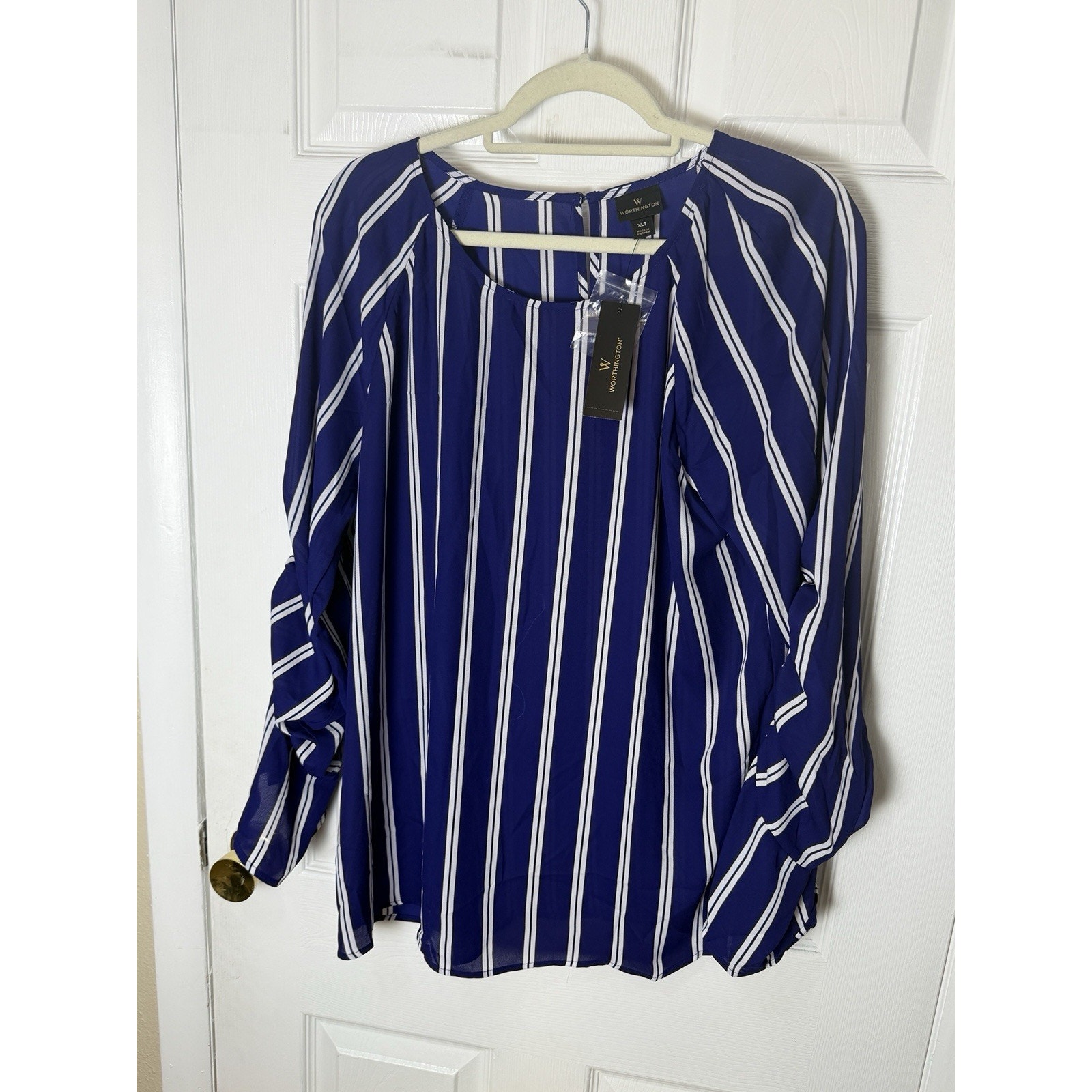 Worthington Verve White Stripe Blouse Blue White Ruched Sleeve Xlt Nwt Spring